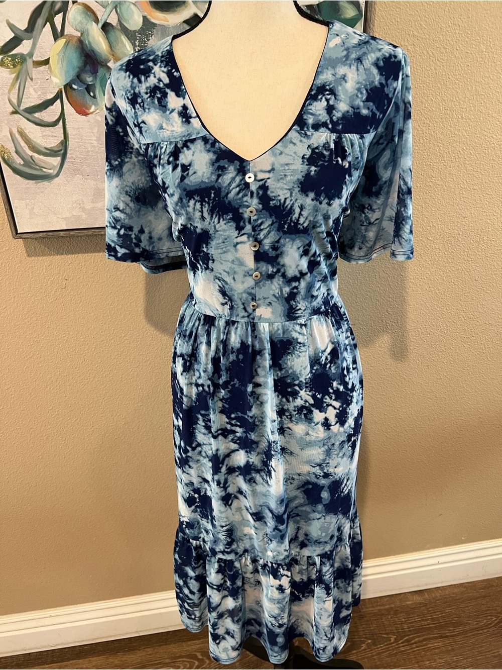 Blue Tie-Dye Button-Front Midi Dress